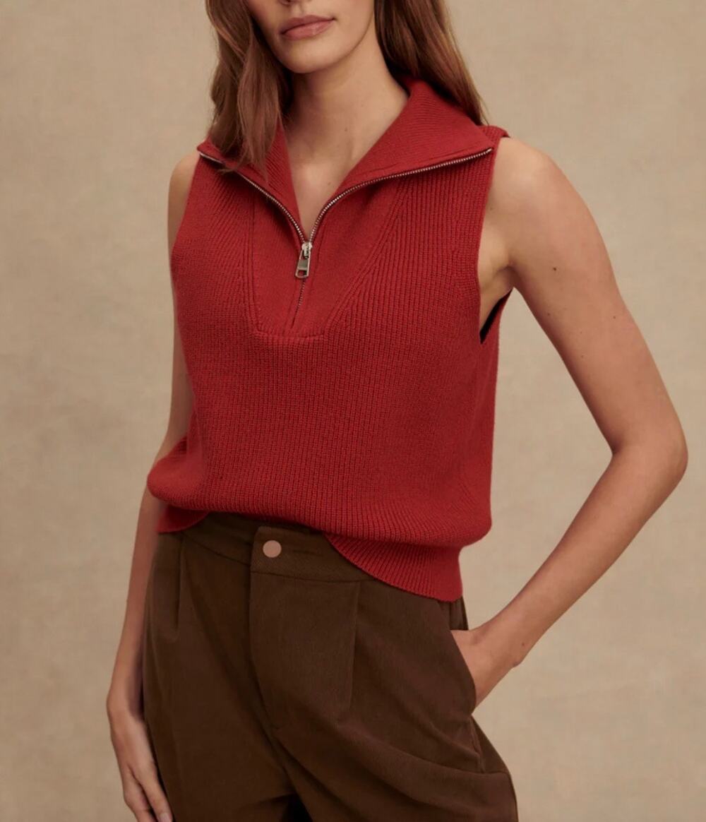 NWT Varley Amina Half-Zip Ribbed Sleeveless Knit Sweater Lava Falls Red Small